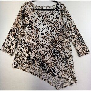 Chicos Leopard Print Asymmetrical Hem Tunic Top Size 3 Black Tan Cream Stretch